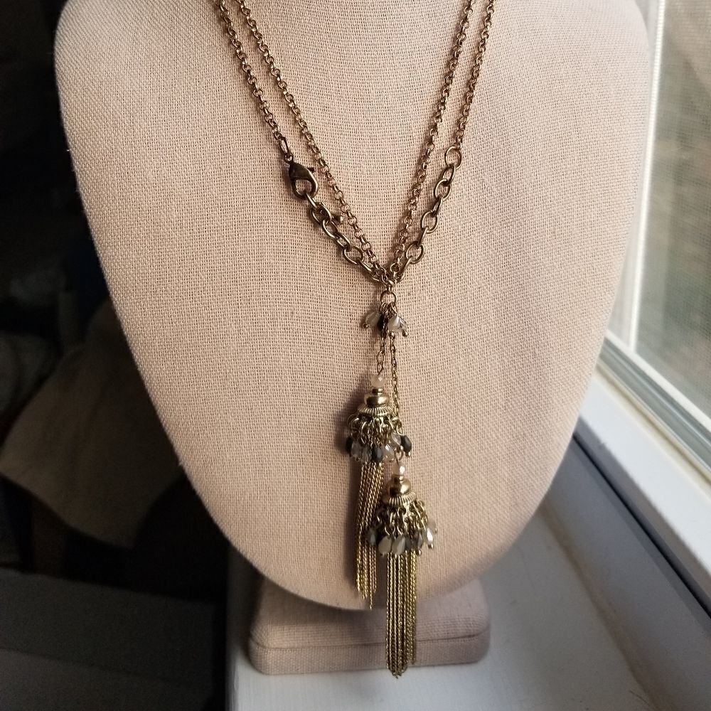 Beaded Tassel Long Statement Necklace in Gold